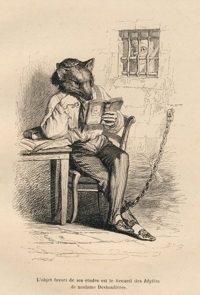 Farkas olvas egy börtönben. A miniatűröket JJ Granville illusztrálta. Caque aláírt metszet a "Büntetőbíróság Állatbíróság" című részben Emile de La Bedolliere által "Jelenetek az állatok magán- és közéletéből". Paris, J. Hetzel alkotó: Grandville
