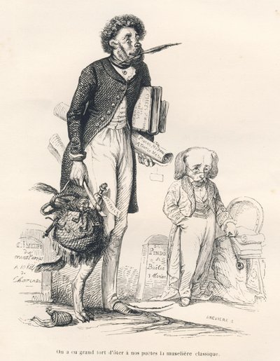 Nagy hiba volt elvenni a klasszikus szájkosarat költőinktől. JJ Granville illusztrált matricái. Breviere aláírással ellátott metszet a "Le premier feuilleton de Pistolet" című részben, amelyet Jules Janin írt a "Scenes de la vie privee et publique des an alkotó: Grandville
