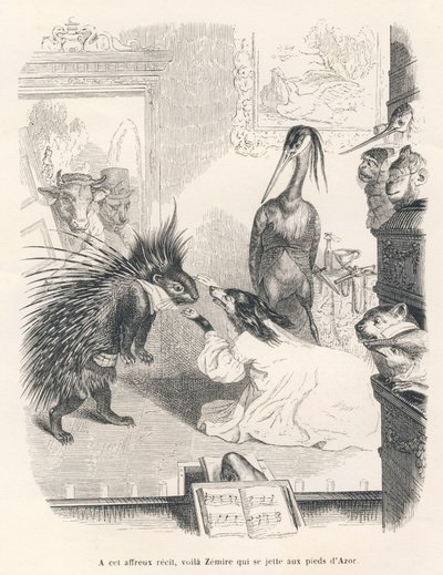 Opera egy sündisznóval, egy kutyával és egy kócsaggal a színpadon. JJ Granville által illusztrált matricák. Godard által szignált metszet a "Le premier feuilleton de Pistolet" című részben, amelyet Jules Janin írt a "Scenes de la vie privee et publique des alkotó: Grandville
