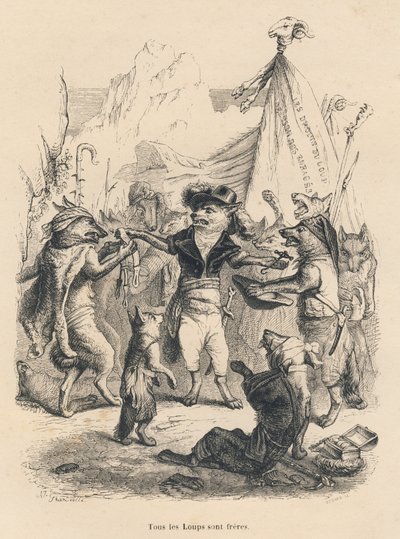 A farkasok forradalma és a farkas szabadsága és joga. A matricákat JJ Granville illusztrálta. Godard által aláírt metszet a "Párizsi utazás" című részben, amelyet George Sand írt az "Állatok magán- és közéletének jelenetei" c. Paris, J. He alkotó: Grandville