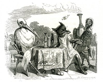 A róka és a gólya, illusztráció La Fontaine meséiből (litográfia) alkotó: Grandville