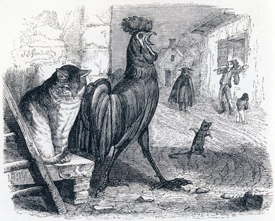 Az aranyozott, a macska és az egér (Le cochet, le chat et le souriceau) - La Fontaine meséi alkotó: Grandville