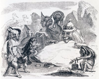 Az oroszlán, a farkas és a róka – La Fontaine meséi alkotó: Grandville