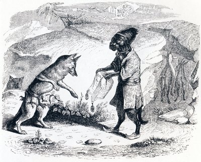A beteg oroszlán és a róka – La Fontaine meséi alkotó: Grandville