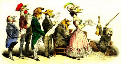 Das Vokalkonzert - Chor: Sänger mit Tierköpfen und Chorleiter als Affe - Lithographie von Grandville (Jean Ignace Isidore Gerard 1808-1847) aus dem Buch „Les Metamorphoses du Jour“ 1828 von Grandville (1803-47)