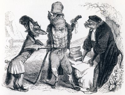A farkas könyörög a róka ellen a majom előtt - Fables by La Fontaine alkotó: Grandville