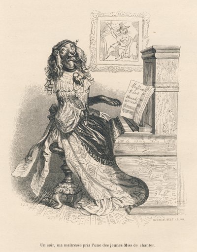 Egy kutya énekel a zongoránál. JJ Granville által illusztrált matricák. Andrew, Best és Leloir által aláírt metszet a Honore de Balzac által írt "Peines de cour d