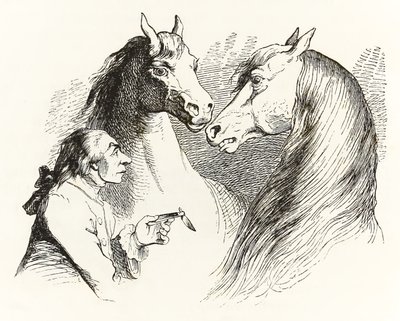 Gulliver beszélő lovakkal beszélget a Houyhnhnms Land-ben a Gullivers Travelsből, Jonathan Swift alkotó: Grandville