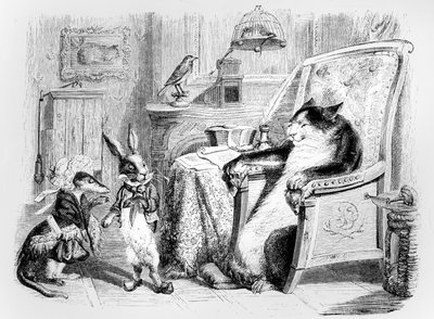 A macska, a menyét és a kis nyúl, illusztráció a La Fontaine „Fables”-hoz (1621-95), kiadó: H. Fournier Aine, 1838 alkotó: Grandville