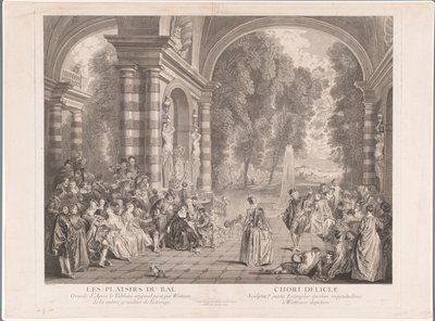 Elegáns társaság egy parkra néző teraszon Les Plaisirs du Bal (cím a tárgyon) alkotó: Gérard Jean Baptiste Scotin (II)