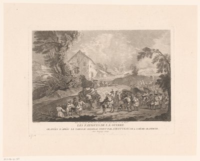 Táj a katonák elhaladó csoportjával Les Fatigues de la Guerre (cím a tárgyon) Antoine Watteau nyomán készült nyomatok (sorozat címe) L