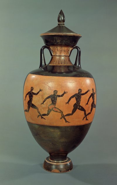Padlásfekete figura, futó férfiakkal díszített panathenai amfora, ie 375-370 (kerámia) alkotó: Greek