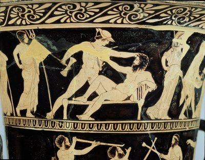 Tetőtéri vörös alakos kehelykráter, Thészeusz kalandjainak jeleneteivel, Thészeusz és az óriás Prokrusztosz részletével, a dinos festő által, Kr.e. 425 körül kerámia alkotó: Greek