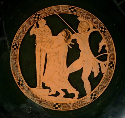 Tetőtéri vörös alakos csésze, amely Cassandrát ábrázolja, akit Ajax üldöz, egy athéni xoanontól menedéket keres, ie 430 körül (kerámia) alkotó: Greek