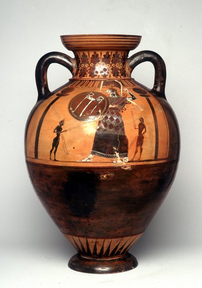 Black figure vase depicting Athena brandising a shield and spear, 550 BC (ceramic) alkotó: Greek