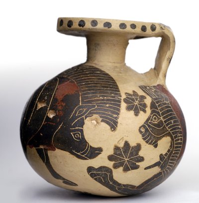 Állatokat ábrázoló, fekete-alakú, gömb alakú korinthoszi, középső korinthoszi időszak (i.e. 600-575) (agyag) alkotó: Greek