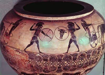 Dinos, Perseus és a gorgók ábrázolása, a szekereik között harcoló hoplitákat ábrázoló részlet, Kr.e. 580 körül (kerámia) (lásd még 173180) alkotó: Greek