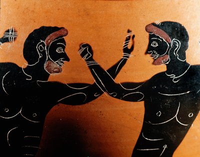 Görög művészet: Panathenai terrakotta amfora: egy pugilati csatát ábrázoló részlet. A Vulci harcos sírja. Kr.e. 6. század. Róma, Villa Giulia Nemzeti Múzeum alkotó: Greek