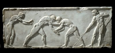 Görög művészet: birkózókat ábrázoló kourók alapja a küzdelem során. Márvány domborműves harisnya, Kr.e. 510-500 - Athénész, Régészeti Múzeum - Küzdő birkózók - Márvány domborműves kouros szobor faragása, ie 510-500 - Nemzeti Régészeti Múzeum, Athén alkotó: Greek