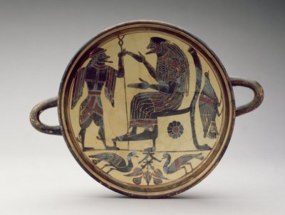 Lakóniai kylix csésze Zeuszt és Hermészt ábrázolva, ie 550-530 körül (agyag) (lásd még: 288296 és 288298) alkotó: Greek