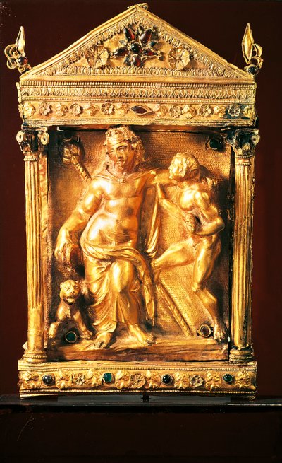 Naiskos Dionüszosz részeg és szatírral, kis hellenisztikus stílusú templom gránátokkal és smaragdokkal Thesszáliából, Kr.e. 2. század (arany) alkotó: Greek
