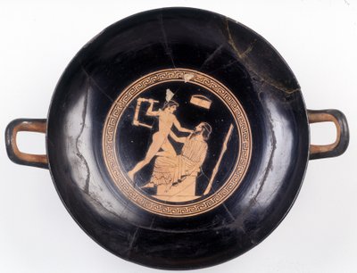 Festmény a vágáson: Héraklész ábrázolása, amint egy székkel integet, hogy kiütötte zenemesterét, Kr.e. 470. BNF, Éremhivatal. alkotó: Greek