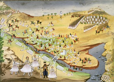 Az első csata görögök és törökök között, az Alamana hídnál 1821-ben, a görög függetlenségi háború képes történetéből alkotó: Greek School