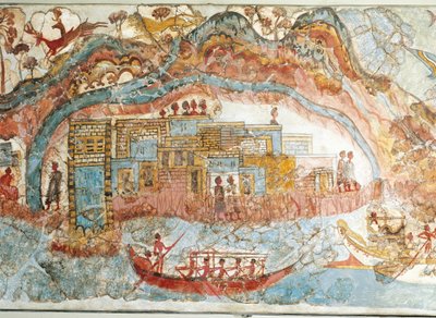 Akrotiri, Thera sziget, Santorini, Görögország, részlet, tengerparti város hajós felvonulását ábrázoló freskó alkotó: Greek School