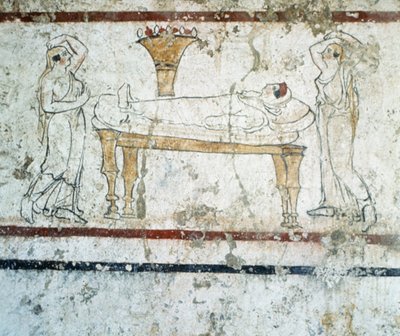Gaudo Necropolis, lucanai freskósírfestmény, amely az elhunytat a halálos ágyán ábrázolja, ie 340 alkotó: Greek School