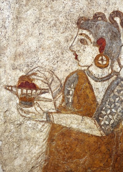 Görög civilizáció, tömjént égető papnőt ábrázoló freskó Akrotiriről, Thera szigetéről, Santorini, Görögország alkotó: Greek School