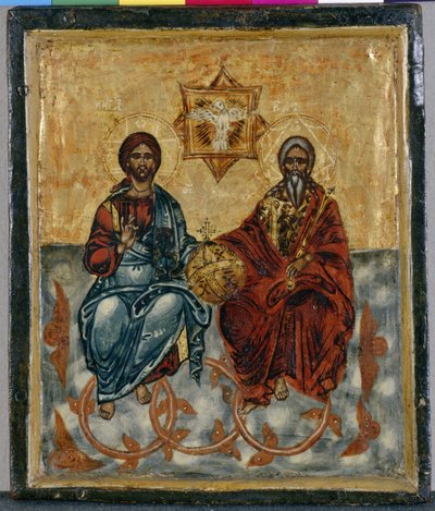 A Szentháromságot ábrázoló krétai ikon (tempera fán) alkotó: Greek School