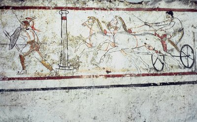 Lukáni freskó sírfestmény, amely gladiátort és egy szekéren ülő embert ábrázol, Paestum Kr.e. 350-330 alkotó: Greek School