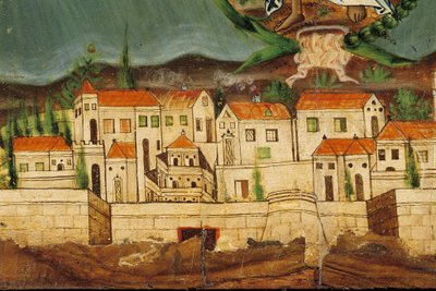 Görögország újjászületését ábrázoló kazetta, Konstantinápoly részlete, Sziroszból, Kükládokból (tojástempera fán) alkotó: Greek School