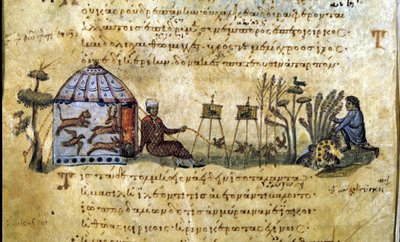 A madarak vadászata a hívásra. Oppianus De Venatione görög kézirata alkotó: Greek School