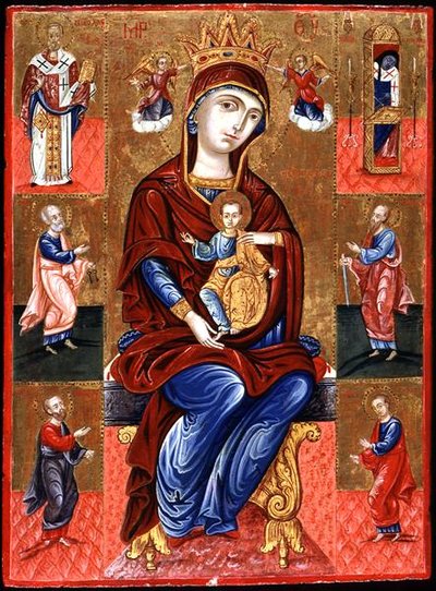 Skopiotisai Szűz Krisztussal és hat szenttel trónoló, 1700 körül (aranylevél és tempera a táblán) alkotó: Greek School