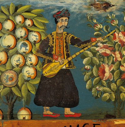 Részlet egy zenészről egy ládából, Mytiliniből, Leszboszból, 18-19. század (tojástempera fán) alkotó: Greek School
