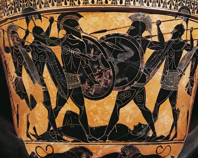 Görög civilizáció, fekete-alakú kerámia, Patroklosz testéért folytatott harcot ábrázoló Kráter, Farsalából, Görögország alkotó: Greek School