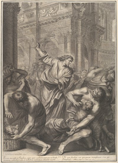 Krisztus kiűzi a kereskedőket a templomból, Krisztus szenvedése című sorozatból, 3. tábla alkotó: Gregoire Huret