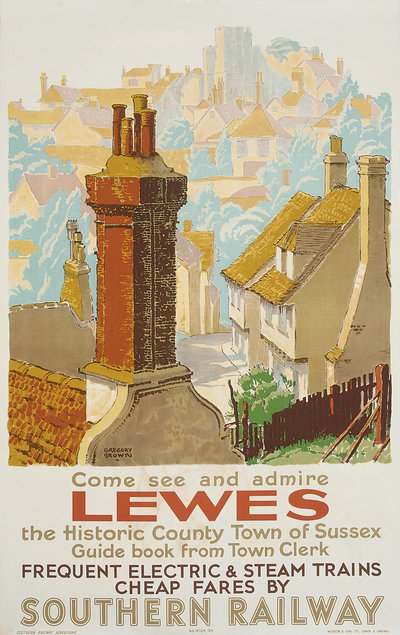 Lewes, a déli vasutat reklámozó plakát (színes litó) alkotó: F. Gregory Brown