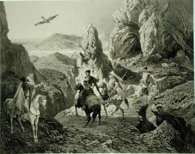 Sólyomvadászat Jereván közelében, Örményország, 20. tábla a Kaukázusról szóló könyvből, Eugene Ciceri (1813-90) és Adolphe Jean-Baptiste Bayot (1810-66) metszete, kiadó: Alfred Leon Lemercier, Párizs. alkotó: Grigori Grigorevich (after) Gagarin