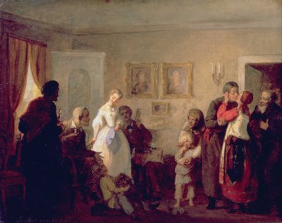 Gratuláció az ifjú házasoknak egy kastélyban, 1860 alkotó: Grigori Grigorievich Mjasoedov
