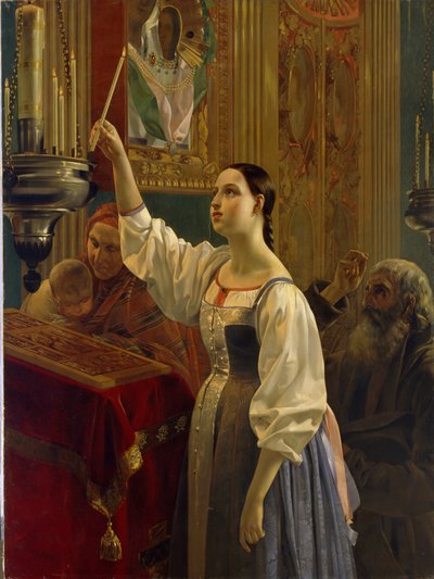 Fiatal lány egy gyertyát helyez egy ikon elé. (Lány, aki gyertyát helyez az ikon elé). Egy ortodox templomban, húsvét hét nagycsütörtökén. Grigorij Karpovics Mihajlov (Mihajlov) (1814-1867) festménye, olaj, vászon alkotó: Grigory Mikhailov