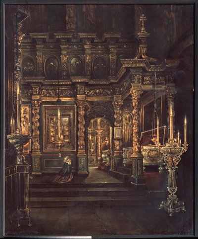 A rosztovi Boldogasszony mennybemenetelében (A rosztovi Boldogságos Szűz székesegyház mennybemenetelében) - Grigorij Vasziljevics Jurov festménye (?-1896 után), olaj, vászon alkotó: Grigory Vasilievich Yurov