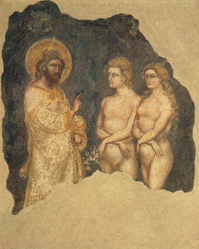 Ádám és Éva az Örökkévaló előtt, Guariento (1338 óta működik, meghalt 1367 körül), freskó, Carrarese kápolna, Galilei Művészeti és Tudományos Akadémia, korábban Patavina, Padova, Olaszország, 1350 körül alkotó: Guariento di Arpo