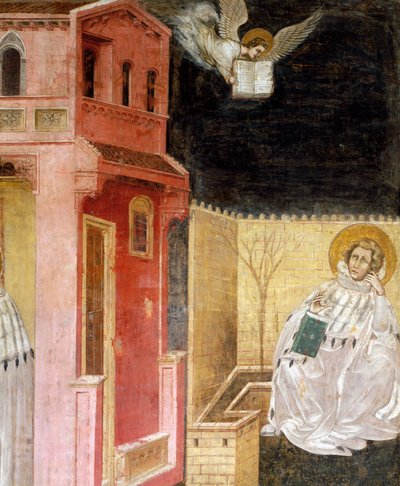 Angyali jelenés, részlet Szent Ágoston látomásából, jelenet a Szent Fülöp és Szent Ágoston történeteiből, Guariento (1338 óta aktív, 1367 körül halt meg), freskó, Eremitani (remeték) templom, Padova, Veneto. Olaszország alkotó: Guariento di Arpo