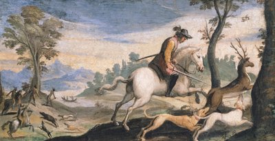 Szarvas és vaddisznó vadászata, Giovanni Francesco Barbieri, Guercino (1591-1666) freskója, 53x101 cm alkotó: Guercino