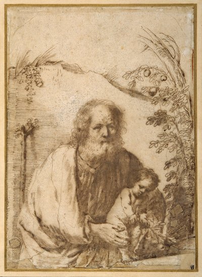Szent József és a csecsemő Krisztus megragad egy almafa gallyát (toll és tinta papíron) alkotó: Guercino