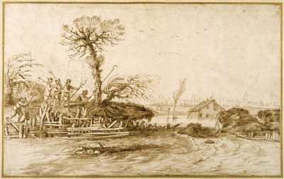Árvízben lévő folyó, parasztok baltákkal és egyéb eszközökkel (toll és tinta krétával papíron) alkotó: Guercino