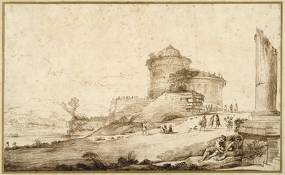 Táj törött oszloppal, várral és számos figurával az előtérben jobbra (toll és tinta papíron) alkotó: Guercino