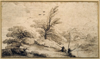 Táj két halász pihenővel (toll és tinta papíron) alkotó: Guercino